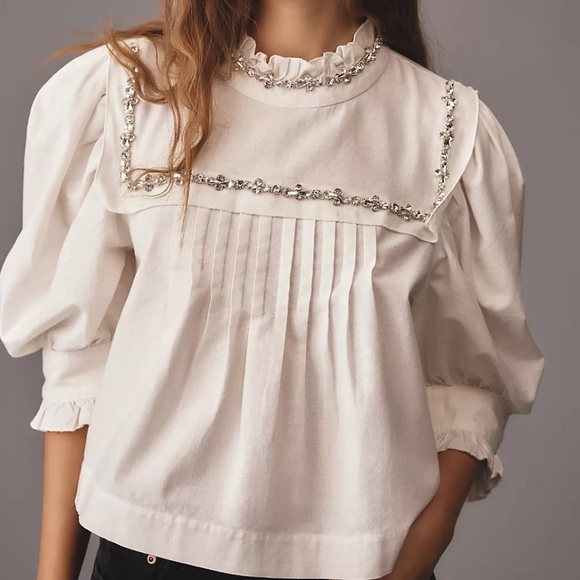 Anthropologie Tops - Anthropologie Forever That Girl Puff-Sleeve Embellished Blouse